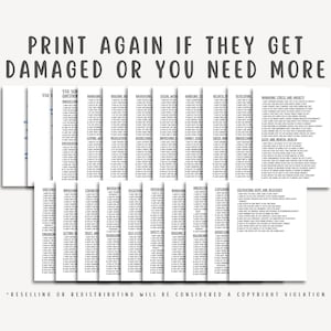 K&ouml;nnte beinhalten: Ein Stapel wei&szlig;er bedruckter Bl&auml;tter mit schwarzem Text. Der Text enth&auml;lt die S&auml;tze "PRINT AGAIN IF THEY GET DAMAGED OR YOU NEED MORE" und "RESELLING OR REDISTRIBUTING WILL BE CONSIDERED A COPYRIGHT VIOLATION". Die Bl&auml;tter sind in Reihen angeordnet.
