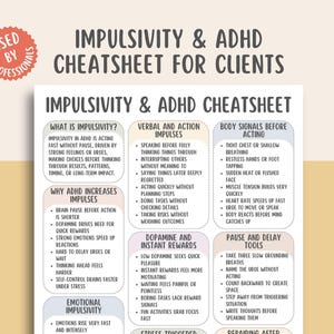Pode incluir: Infográfico branco e bege intitulado "Impulsividade e TDAH Cheatsheet para clientes" com texto descrevendo impulsividade, TDAH e estratégias relacionadas. Inclui seções sobre impulsos verbais, sinais corporais e ferramentas de pausa.