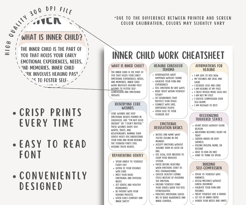 Inner Child Work Cheatsheet, reparenting guide, childhood trauma healing, self healing worksheet, emotional wounds chart, shadow work pdf