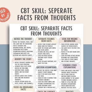May include: A CBT skill poster with the title "CBT Skill: Separate Facts From Thoughts." The poster has sections on noticing thoughts, separating feelings, looking for information, and considering explanations. The poster is designed for professionals.