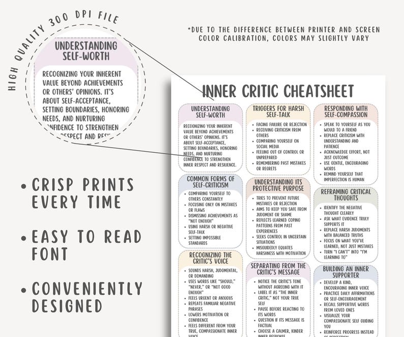 Inner Critic Cheatsheet, Self Awareness Guide, Negative Thought ...