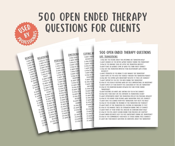 Open Ended Therapy Questions, client conversation prompts, mental health handout, reflection cards, counseling tool, talk therapy printable