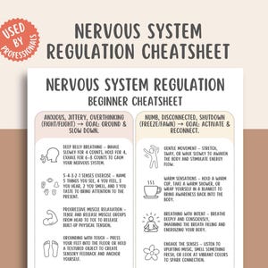 May include: A white beginner's guide to nervous system regulation. The guide includes techniques for grounding, breathing, and engaging the senses to manage anxiety and reconnect. The text is in black and the title is in a large font.