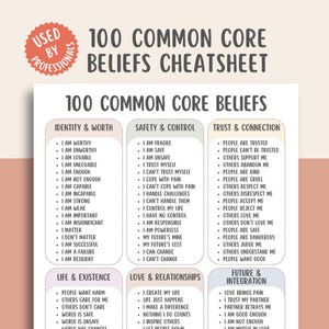 May include: A white paper titled "100 Common Core Beliefs Cheatsheet" with black text. The paper is divided into sections: Identity & Worth, Safety & Control, Trust & Connection, Life & Existence, Love & Relationships, and Future & Integration. A red circular sticker says "Used by Professionals."