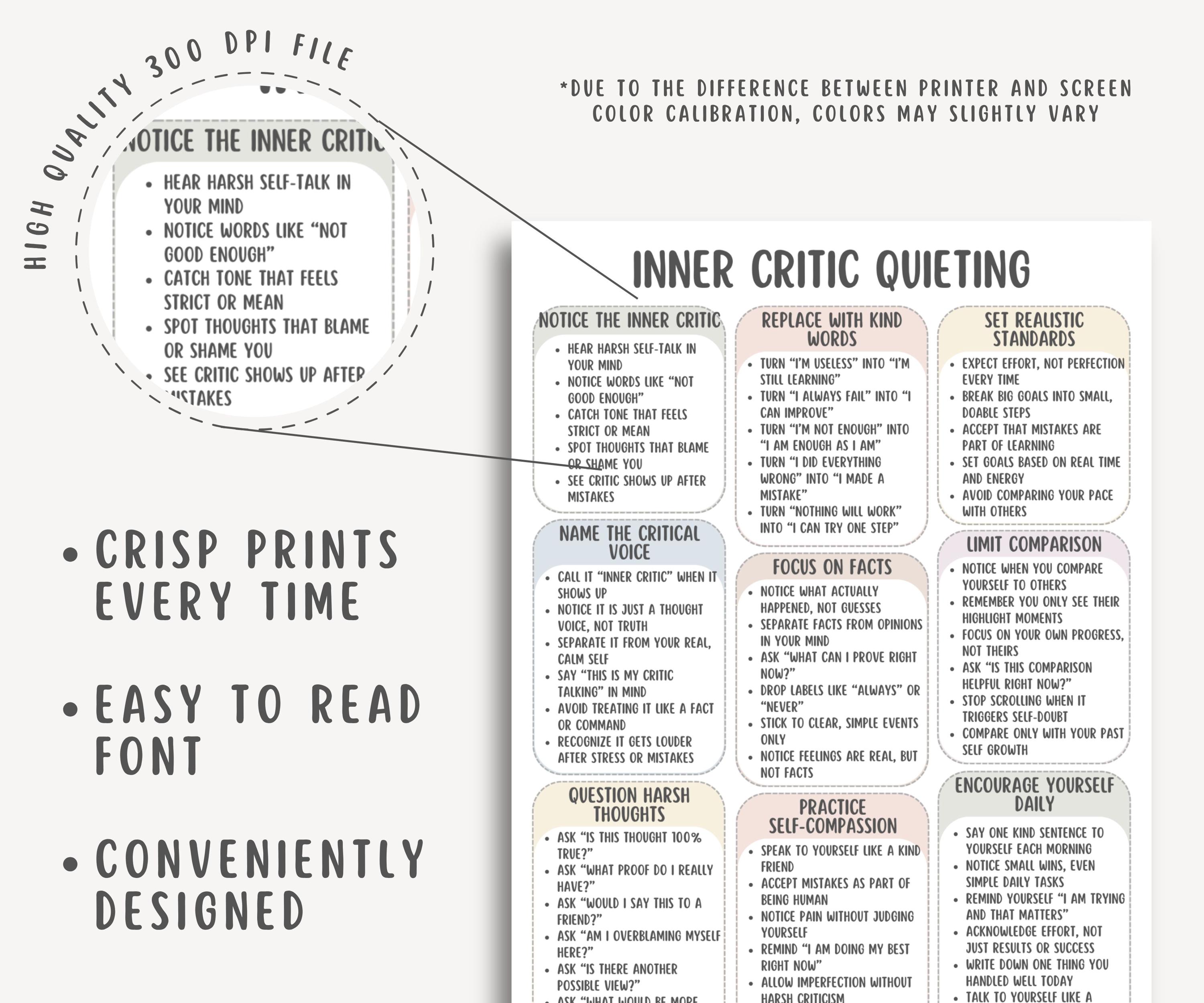 Inner Critic Quieting Cheat Sheet, Stop Negative Self Talk Workbook ...