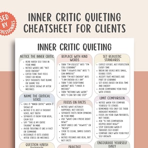 May include: A white and beige infographic titled "Inner Critic Quieting Cheatsheet for Clients" with tips on managing self-criticism. The text is in black, with headings in a larger font. A circular sticker in the upper left corner reads "Used by Professionals."
