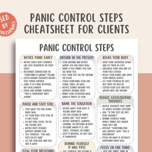 May include: A white printed sheet titled "PANIC CONTROL STEPS CHEATSHEET FOR CLIENTS" with bulleted lists of instructions. The sheet includes steps for noticing panic, grounding in the present, relaxing the body, and reducing catastrophic thoughts. A red circular sticker reads "USED BY PROFESSIONALS".
