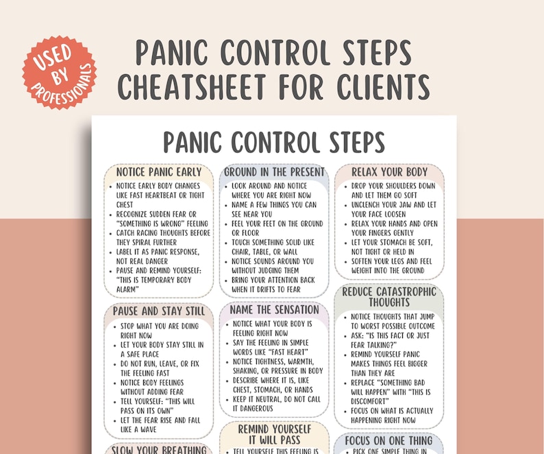 Panic Control Steps Cheat Sheet, Panic Attack Relief Guide, Anxiety Coping Skills Workbook, Calm Breathing Techniques, Stress Reset Tool
