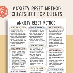 May include: A white and beige anxiety reset method cheatsheet for clients. The text includes steps to notice anxiety early, ground in the present, relax the body, and reduce future worry. The sheet is labeled "Used by Professionals".