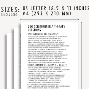 K&ouml;nnte beinhalten: Ein Stapel wei&szlig;er Papierb&ouml;gen mit aufgedrucktem Text. Der Text enth&auml;lt den Titel "550 Fragen zur Schizophrenie-Therapie" und listet Fragen zum Verst&auml;ndnis der Diagnose und zur Unterscheidung von Wahnvorstellungen und Realit&auml;t auf. Papierformat A4 (297 x 210 mm).