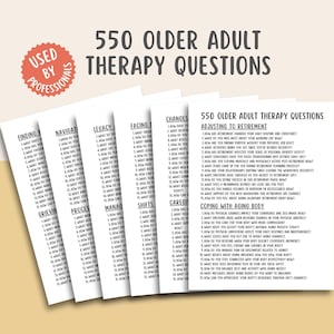 May include: A stack of white cards with black text, titled "550 Older Adult Therapy Questions." The cards are organized by topic, including "Adjusting to Retirement" and "Coping with Aging Body." A red circular sticker reads "Used by Professionals."