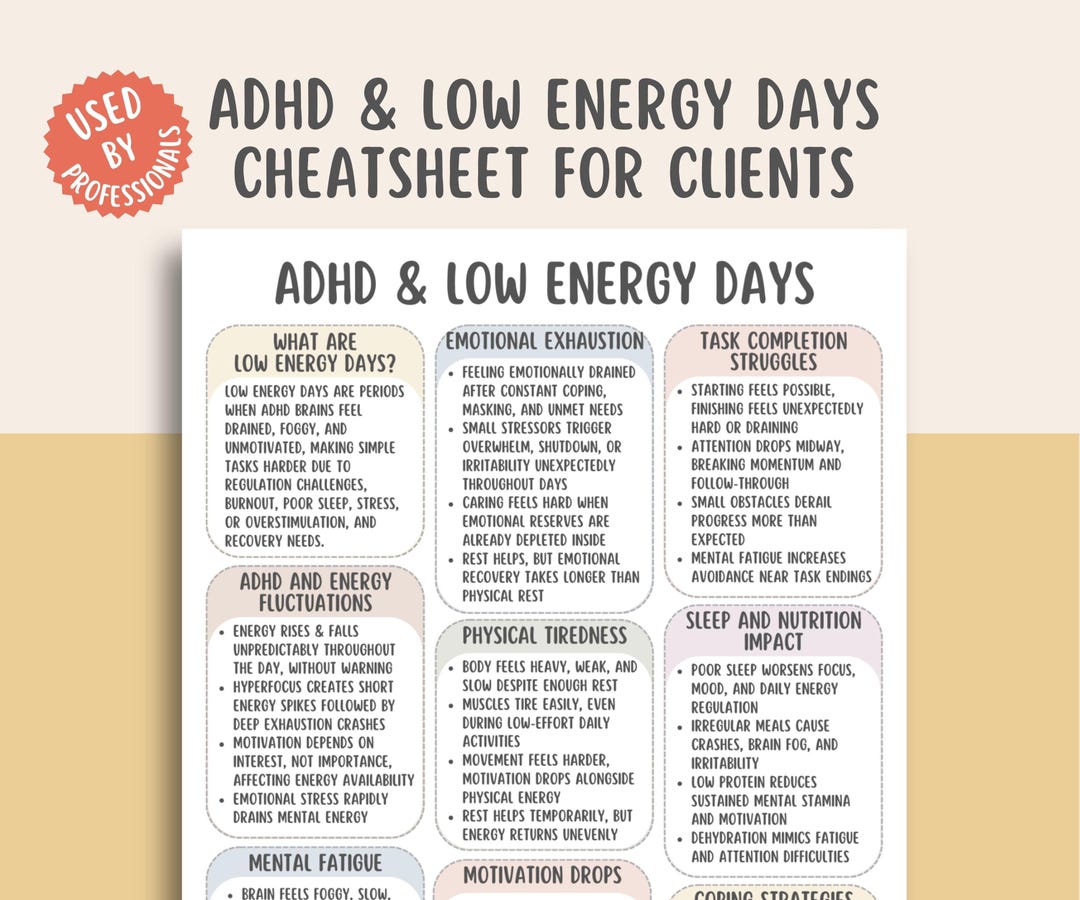 ADHD & Low Energy Days Cheatsheet, ADHD Fatigue Support Printable ...