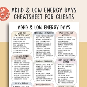 May include: A white and beige ADHD & Low Energy Days Cheatsheet for Clients. The infographic includes sections on low energy days, energy fluctuations, emotional exhaustion, task completion struggles, and sleep and nutrition impact. The text is in black, with red accents.