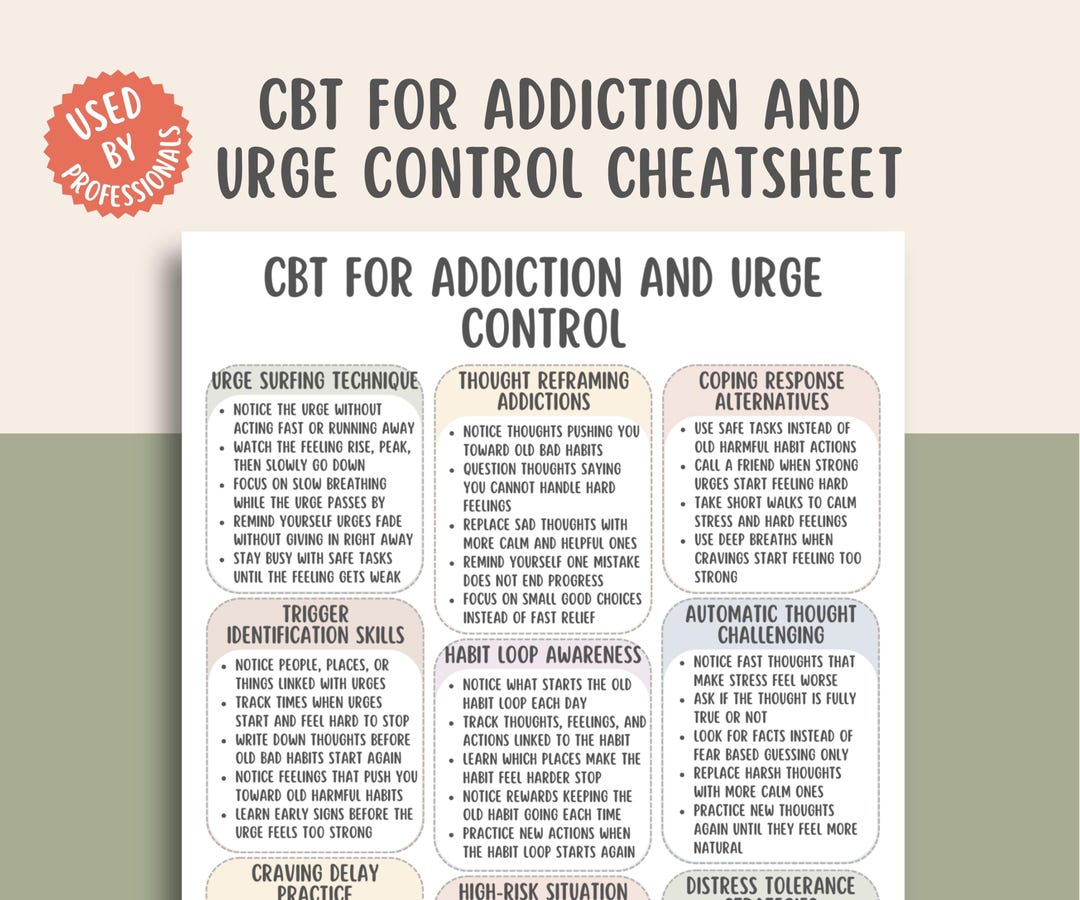 CBT Addiction Urge Control Cheat Sheet, Craving Management Workbook ...