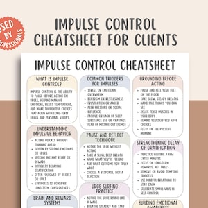 May include: A white and beige impulse control cheatsheet for clients, with the text "Impulse Control Cheatsheet" at the top. The sheet includes sections on impulse control, triggers, and techniques. A red circular sticker reads "Used by Professionals."