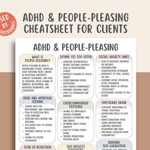 May include: A white and beige ADHD & People-Pleasing Cheatsheet for Clients. The document includes sections on people-pleasing, social anxiety links, and overcommitment patterns. The text is in black, with a red circular stamp that says "Used by Professionals".