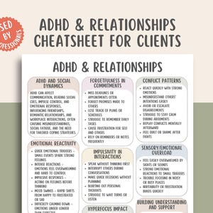 May include: A white printed sheet titled "ADHD & RELATIONSHIPS CHEATSHEET FOR CLIENTS" with sections on ADHD and social dynamics, forgetfulness, conflict patterns, and emotional reactivity. The sheet is designed for professionals.