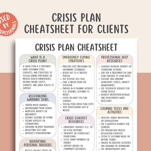May include: A white A4 paper titled "Crisis Plan Cheatsheet for Clients" with sections on crisis plans, warning signs, coping strategies, and resources. The paper includes text and is designed for professional use.