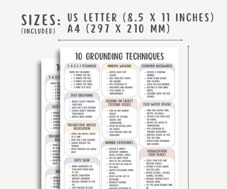 10 Grounding Techniques Cheatsheet, Anxiety Relief Guide, Stress Management, Mindfulness Exercises, Emotional Regulation, Calming Corner