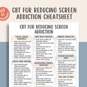 May include: A CBT for reducing screen addiction cheatsheet with a pink circular seal that says "Used by Professionals". The poster lists strategies for screen trigger awareness, urge delay practice, and mindful screen use.