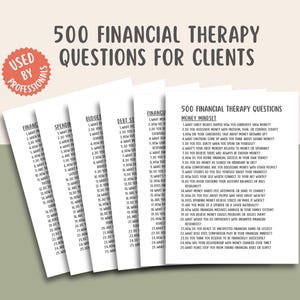 May include: A collection of white paper sheets with the text "500 Financial Therapy Questions for Clients" and "Used by Professionals." The sheets list questions about finance, spending, budget, debt, and money mindset. The background is a light green.