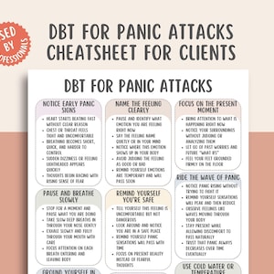 May include: A printable cheat sheet titled DBT FOR PANIC ATTACKS CHEATSHEET FOR CLIENTS. It features six rounded boxes with instructions for managing panic, including Notice Early Panic Signs, Name The Feeling Clearly, and Focus On The Present Moment.