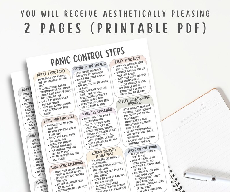 Panic Control Steps Cheat Sheet, Panic Attack Relief Guide, Anxiety Coping Skills Workbook, Calm Breathing Techniques, Stress Reset Tool