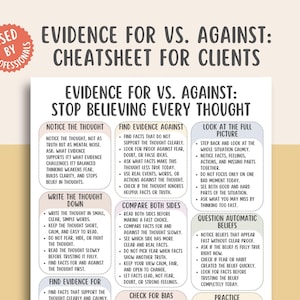 May include: A white and beige infographic titled "Evidence for vs. Against: Cheatsheet for Clients." The text provides steps to evaluate thoughts, including noticing, writing down, and finding evidence for and against them. Used by professionals.