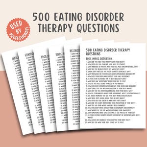 May include: A stack of white cards with black text, titled "500 Eating Disorder Therapy Questions." The cards are labeled with categories like "Fear" and "Control." A red sticker reads "Used by Professionals."