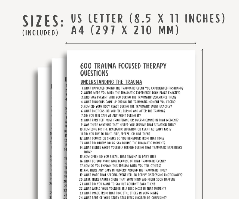 600 Trauma-Focused Therapy Questions, Trauma Healing Prompts, PTSD, Mental Health Worksheets, Shadow Work, Inner Child, EMDR Therapist Tools