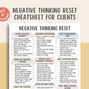 May include: A white and beige mental health cheatsheet titled "Negative Thinking Reset" for clients. The document includes sections on noticing negative thoughts, challenging distortions, and limiting overthinking time. A red sticker in the upper left corner reads "Used by Professionals."