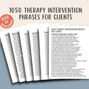May include: A close-up of five white cards with black text. The cards are titled "Dialectical", "Mindfulness", "Acceptance", "Psychodynamic", and "Family". Each card has a list of therapy intervention phrases for clients. The text on the cards reads "1050 Therapy Intervention Phrases for Clients".