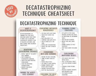 Puede incluir: Infografía en blanco y beige titulada "Decatastrophizing Technique Cheatsheet", que presenta técnicas para manejar la ansiedad. Detalla la identificación de pensamientos, la evaluación de la probabilidad y la planificación de estrategias de afrontamiento.