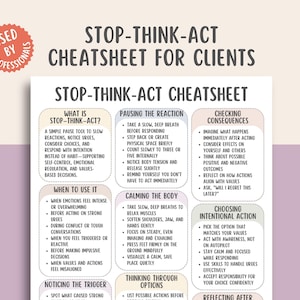 May include: A white and beige "Stop-Think-Act Cheatsheet for Clients" poster. The poster includes text on how to pause reactions, calm the body, and choose intentional action. A red circular sticker with the text "Used by Professionals" is in the upper left corner.