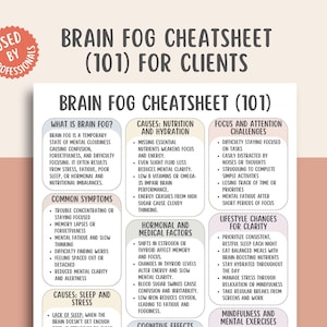 Pode incluir: Uma infografia branca e bege intitulada "Brain Fog Cheatsheet (101) for Clients" com um autocolante vermelho que diz "Used by Professionals". A infografia lista causas, sintomas e soluções para a névoa mental.