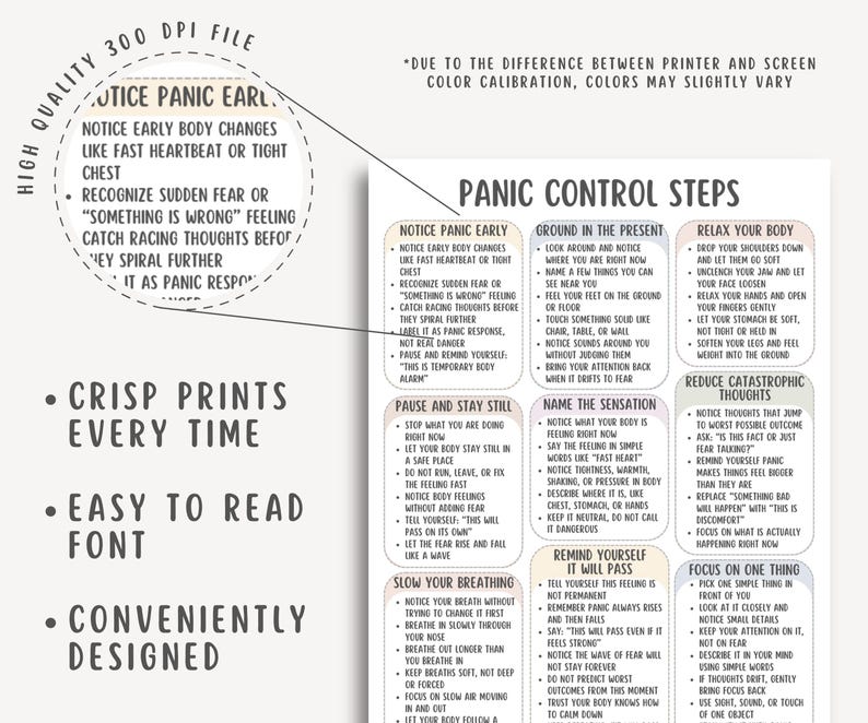 Panic Control Steps Cheat Sheet, Panic Attack Relief Guide, Anxiety Coping Skills Workbook, Calm Breathing Techniques, Stress Reset Tool
