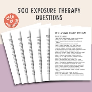 May include: A stack of white paper sheets with the text "500 Exposure Therapy Questions" and the words "Used by Professionals." The sheets list questions about public speaking, social situations, and other topics.