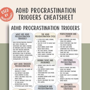 Könnte beinhalten: Ein weißes Informationsblatt mit dem Titel ADHD Procrastination Triggers und einem roten runden Abzeichen mit der Aufschrift Used By Professionals. Das Dokument enthält sechs Abschnitte mit Aufzählungspunkten zum ADHD-Prokrastinationszyklus.