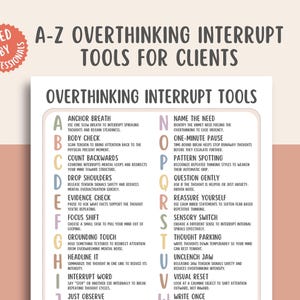 以下が含まれることがあります： 「A-Z Overthinking Interrupt Tools for Clients」と題された白紙で、ピンクと茶色のボーダーが付いています。この紙には、「Anchor Breath」や「Body Check」など、考えすぎを管理するためのさまざまなテクニックがリストされています。「Used by Professionals」と書かれた赤いステッカーが左上にあります。