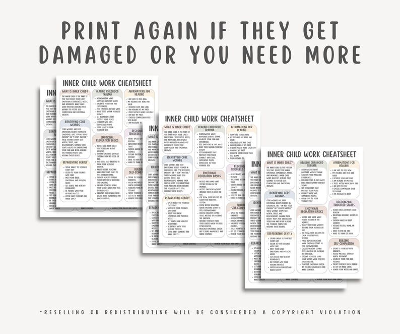 Inner Child Work Cheatsheet, reparenting guide, childhood trauma healing, self healing worksheet, emotional wounds chart, shadow work pdf