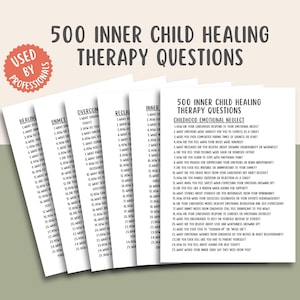 May include: A set of five printable worksheets with 500 inner child healing therapy questions. The worksheets are titled "Healing Your Inner Child", "Overcoming Unmet Needs", "Reclaiming Your Power", "Inner Child Affirmations", and "Childhood Emotional Neglect".