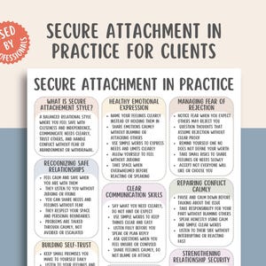 May include: A poster detailing 'Secure Attachment in Practice for Clients'. It features sections on attachment styles, emotional expression, and communication skills. The poster is designed for professional use.