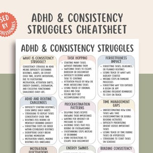 Peut inclure: Une feuille de triche blanche et beige sur les difficultés liées au TDAH et à la cohérence, avec du texte détaillant les défis et les solutions. La feuille comprend des sections sur le saut de tâches, l'oubli et la gestion du temps. Un autocollant rond rouge avec le texte "UTILISÉ PAR LES PROFESSIONNELS" est en haut à gauche.