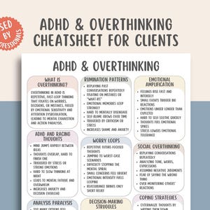 Può includere: Un promemoria bianco e beige su ADHD e Overthinking per i clienti. Il documento include sezioni su overthinking, schemi di ruminazione, amplificazione emotiva e strategie di coping. Il testo è in un carattere sans-serif.