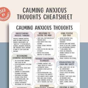 以下が含まれることがあります： 「Calming Anxious Thoughts Cheatsheet」と題された白とベージュのインフォグラフィック。不安な思考の理解、呼吸法、ポジティブな自己対話に関するセクションがあります。テキストは黒で、「Used by Professionals」の赤いシールが付いています。