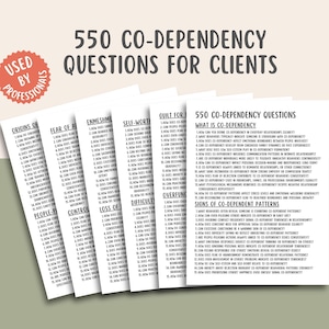 May include: A stack of white cards with the text "550 CO-DEPENDENCY QUESTIONS FOR CLIENTS" in black. The cards are arranged in a fan shape, with the words "USED BY PROFESSIONALS" in a red circle in the upper left corner.