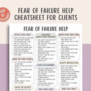 Op de afbeelding: Een wit papier met de titel "FEAR OF FAILURE HELP CHEATSHEET FOR CLIENTS" met secties over het beheersen van angst, het uitdagen van negatieve gedachten en het opsplitsen van doelen in stappen. Het papier bevat opsommingstekens met advies en is gemarkeerd met "USED BY PROFESSIONALS".