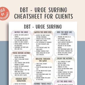 May include: A white paper titled "DBT - URGE SURFING CHEATSHEET FOR CLIENTS" with a red circular sticker that says "USED BY PROFESSIONALS". The paper has several sections with instructions on managing urges.