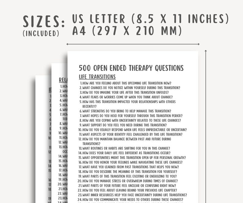 Open Ended Therapy Questions, client conversation prompts, mental health handout, reflection cards, counseling tool, talk therapy printable