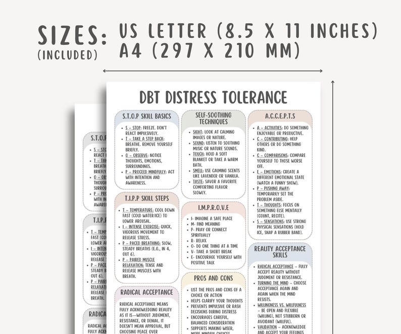 DBT Distress Tolerance Skills Cheat Sheet PDF, Therapy Worksheet, Mental Health Tool, Coping Skills Guide, Printable Self Help Decor